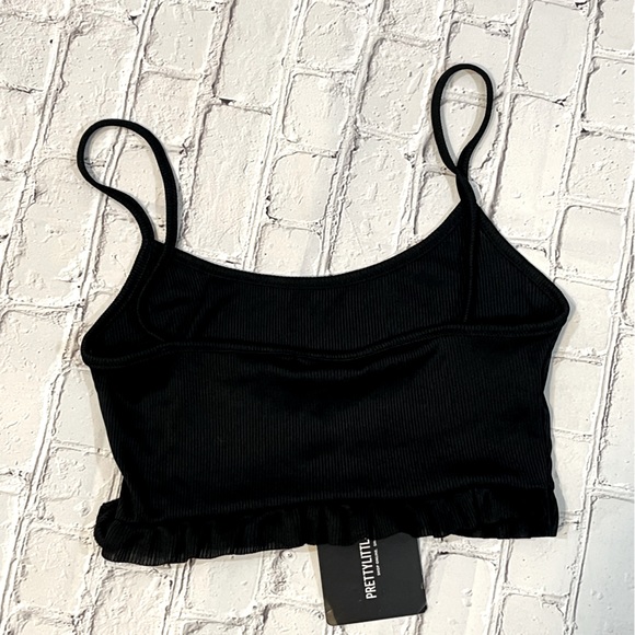 PRETTY LITTLE THING Cropped Ribbed Cami Top with Ruffle Hem Black-2 - Picture 2 of 2
